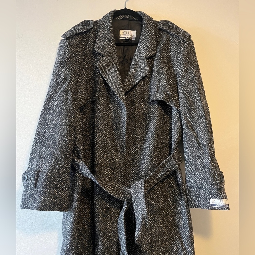 Vintage Wool Herringbone Donegal Tweed Belted Men's  Top Coat 44 Dark Academia - Picture 4 of 14